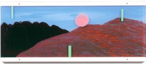 Malerei auf Acrylglas 1 (bis 2008) – <b>Großes Land-Stück 4 (mit Kugel)</b>, Acrylfarbe / Oelkreide auf Acrylglasscheiben, 2-tlg. hintereinander gestaffelt, gesamt 42 x 100 x 3 cm, 2000